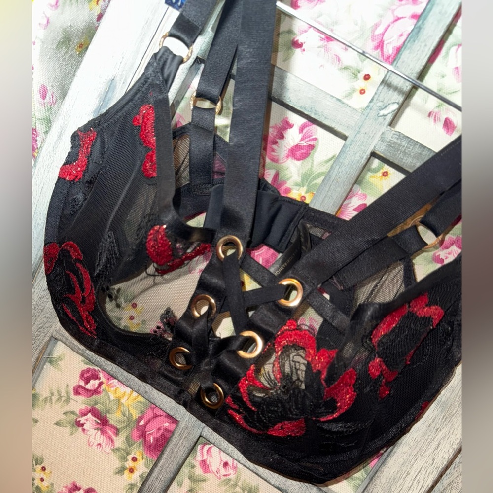 Honey Birdette Freyah Embroidered Sheer Black & Red Big Eyelets Lace-Up Bra 32F